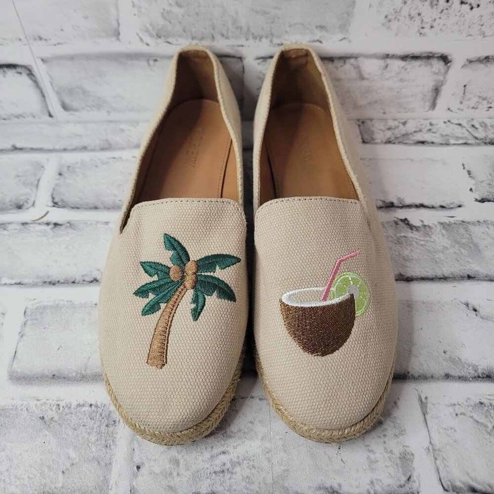 J Crew Palm Tree Cocktail Embroidered Linen Loafers Size 6.5